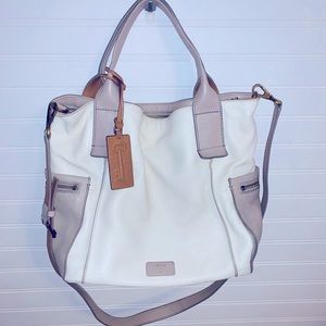 Fossil Emerson Color Block Side Pocket Satchel Tote Purse Leather Tan Brown